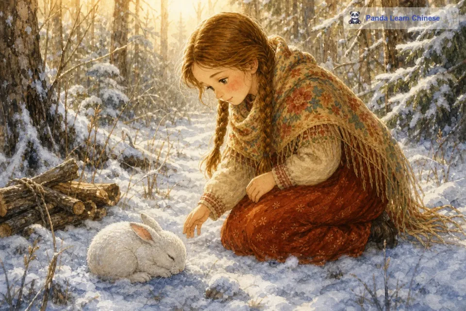 一天，冬妮娅出门去森林里捡柴火。在雪地里，她发现了一只冻僵的小兔子，小兔子缩成一团，瑟瑟发抖。冬妮娅非常心疼，她赶紧跑过去，蹲下身子查看小兔子的情况。