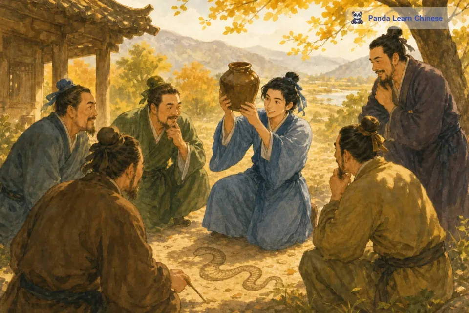 其中有一个人画得特别快，不一会儿就把蛇画好了。他拿起酒壶，正准备喝酒的时候，他看了看其他人还在埋头苦画，心里想：“我还能给蛇添上几只脚呢。