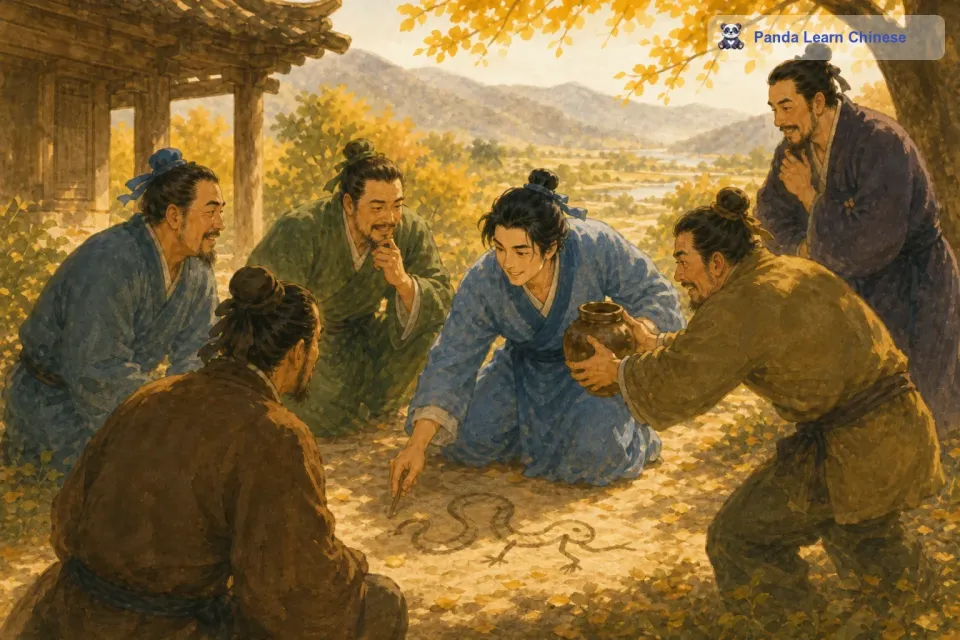 于是，他左手拿着酒壶，右手又给蛇画起脚来。就在他给蛇画脚的时候，另一个人也画好了蛇。这个人马上抢过他手里的酒壶，说道：“蛇本来是没有脚的，你给它添上脚就不是蛇了。说完，就把酒喝了下去。