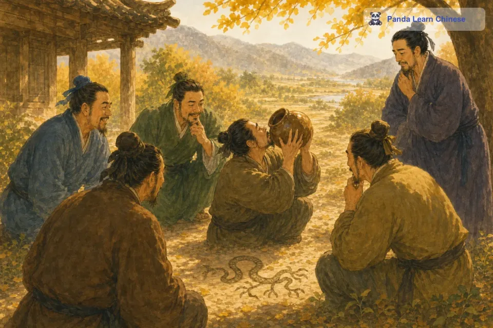 那个给蛇添足的人只能眼睁睁地看着别人把酒喝掉，他非常后悔，心想：“要是我不画蛇添足就好了。