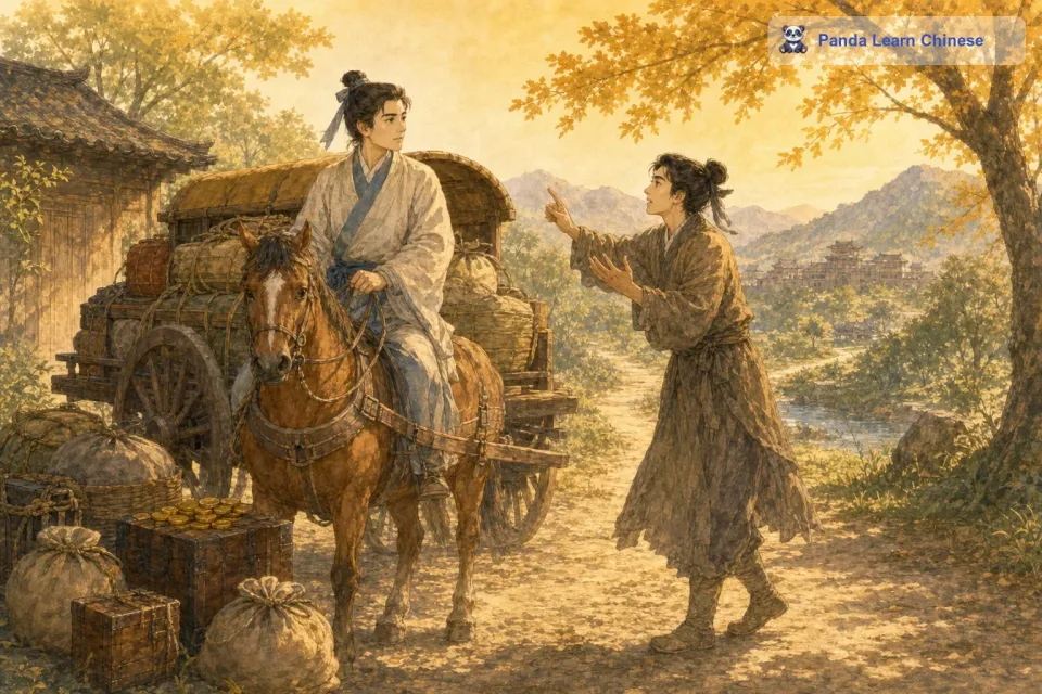 朋友听了他的话，无奈地摇摇头，继续劝说道：“你虽然有足够的盘缠，但是你的方向是错的，这是最根本的问题啊。而且，你马车的车夫技术再好，也不能把你带到楚国去啊，因为你们是朝着相反的方向走呢。