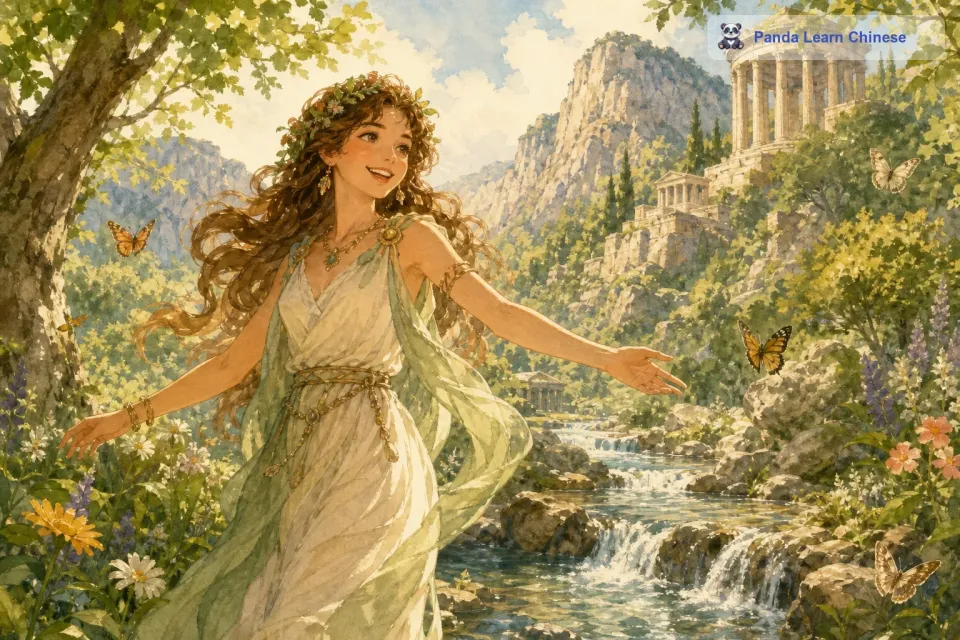 在古希腊的山林里，住着一位美丽的山林仙女，她叫厄科。厄科生性活泼，喜欢在山林间穿梭玩耍，她的笑声如同山间清澈的溪流声一样悦耳动听。