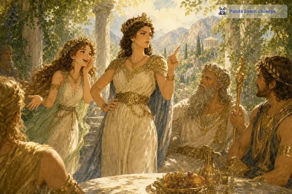 在聚会的高潮时刻，天后赫拉出现了。赫拉是一位非常威严的女神，她不喜欢别人对她有丝毫不敬。当时，赫拉正在和其他神祇严肃地讨论着重要的事情，而厄科看到赫拉后，觉得好玩，就开始重复赫拉的话。赫拉非常生气，她觉得厄科是在故意挑衅她的威严。