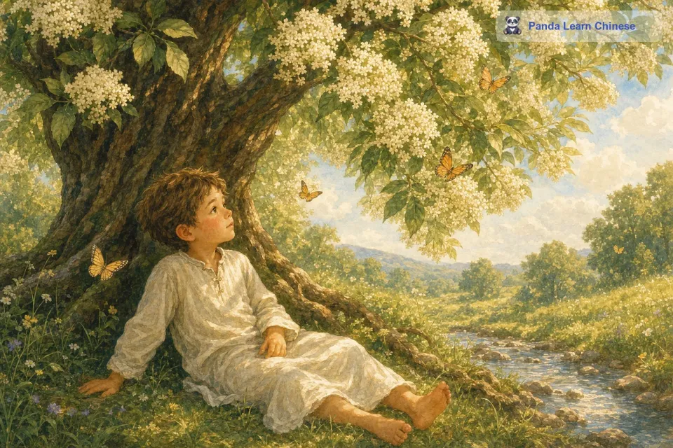 有一天，小男孩迷迷糊糊地睡着了。当他再次睁开眼睛的时候，发现自己身处一个奇妙的地方。这里有一棵巨大的接骨木树，树上开满了白色的小花，散发着淡淡的清香。