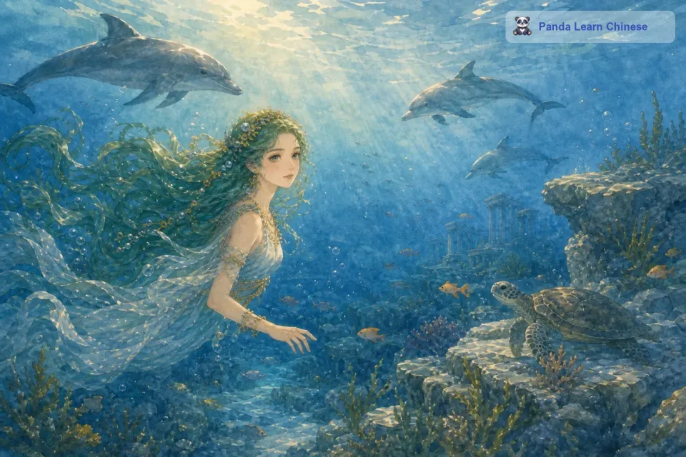 欧律诺墨非常热爱大海，她每天都会在海里穿梭，和各种各样的海洋生物玩耍。有一天，她发现大海虽然广阔无垠，但是好像缺少了一些灵动的东西。
