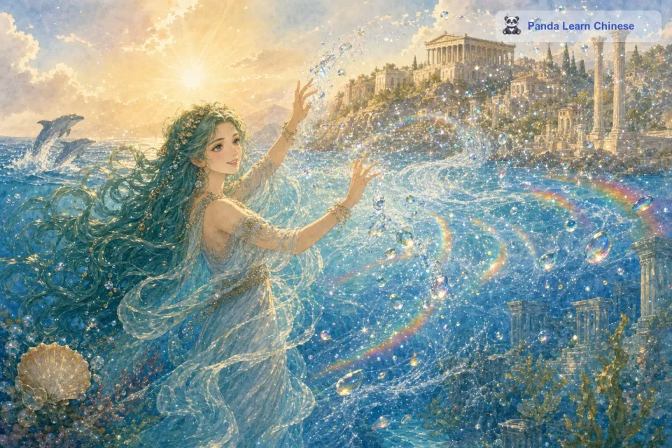 气流越转越快，力量也越来越大，开始卷起了海面上的海水。海水被气流卷到空中，形成了一个个小小的水珠。这些水珠在阳光的照耀下，闪烁着五彩的光芒，就像一颗颗璀璨的宝石。欧律诺墨看到这一幕，脸上露出了开心的笑容。她继续挥动双手，让更多的海水被卷到空中。