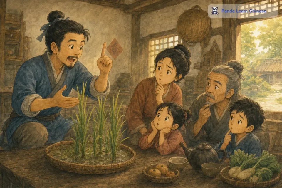 他回到家后，兴奋地对家人说：“今天可把我累坏了，不过我做了一件大事，我让咱们田里的禾苗都长高了不少呢！家人听了非常疑惑，不知道他到底做了什么。