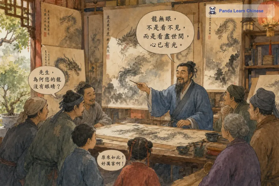 大家都觉得很奇怪，问他为什么不给龙画上眼珠呢？画家笑着说：“如果我给龙画上眼珠，龙就会飞走啦。