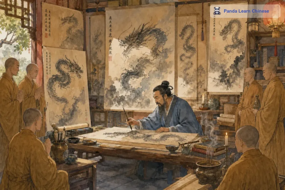 有一天，寺庙里要举办一场盛大的法会，寺庙的和尚想让寺庙看起来更有生气，就请这位画家在寺庙的墙壁上画了四条龙。这四条龙张牙舞爪，形态各异，可还是没有眼珠。来参加法会的人看到这四条没有眼珠的龙，都觉得很可惜，纷纷要求画家给龙画上眼珠。