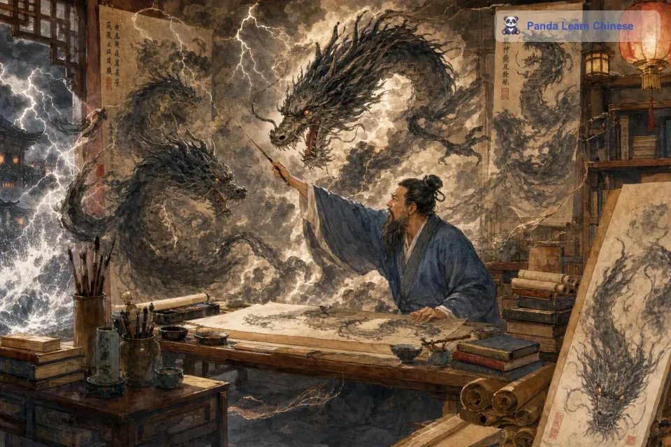 画家经不住大家的再三请求，就提起笔来，给其中的两条龙画上了眼珠。刹那间，电闪雷鸣，只见画上的两条龙像是活了一样。它们扭动着身躯，鳞片闪烁着光芒，从墙壁上腾空而起，冲破屋顶，飞向了天空。