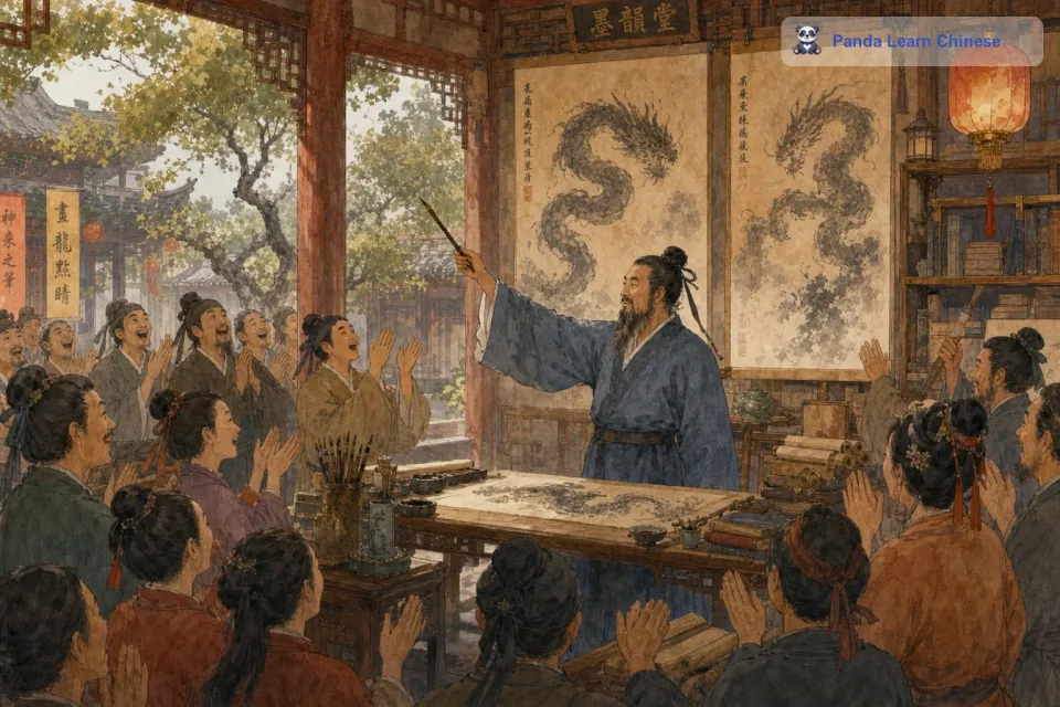 而剩下的两条没有眼珠的龙，还依然留在墙壁上。在场的人都惊呆了，他们这才相信画家说的话。从那以后，这位画家画龙点睛的故事就流传开来，人们也常用“画龙点睛”这个词来形容一个人在做事情的时候，加上关键的一笔，让整个事情变得更加完美。