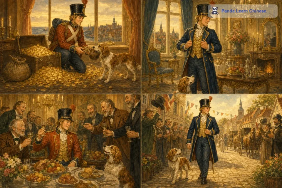 他擦了打火匣，让狗给他带来很多的钱，于是他住进了豪华的房子，穿上了漂亮的衣服，过上了富足的生活。他还吸引了很多人的注意，大家都对他很好奇，也很尊敬他。