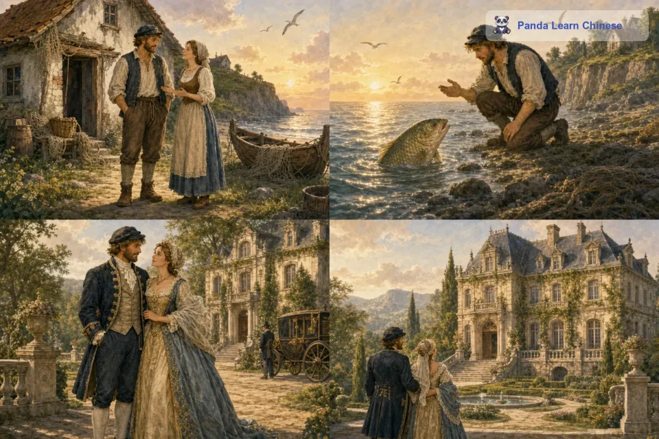 可是，没过多久，妻子又不满足了。她对渔夫说：“这座房子虽然漂亮，但是我们还应该成为贵族。渔夫有些不情愿，但还是听从了妻子的话，又来到海边向鱼许愿。鱼再次满足了他们的愿望，渔夫和他的妻子成为了贵族，住在华丽的城堡里，身边有许多仆人伺候。