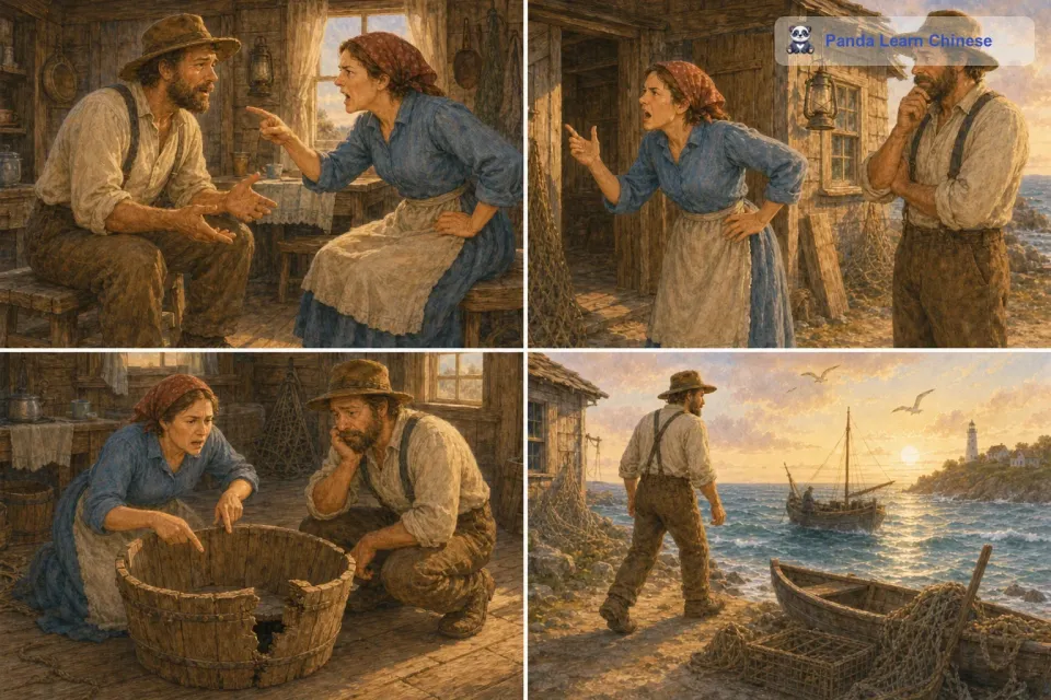 渔夫回到家后，把这件神奇的事情告诉了他的妻子。他的妻子听了后，非常生气，她骂渔夫太傻，应该向金鱼要些东西才对。渔夫的妻子想要一个新的木盆，因为他们家的木盆已经破得不能再用了。渔夫不忍心妻子生气，就又来到海边，呼唤金鱼。