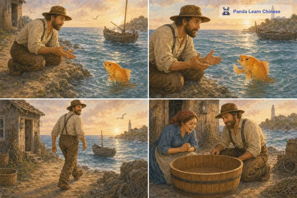 金鱼很快就出现了，渔夫把妻子想要新木盆的事情告诉了金鱼。金鱼说：“回去吧，你们会有一个新木盆的。渔夫回到家，果然看到了一个崭新的木盆。