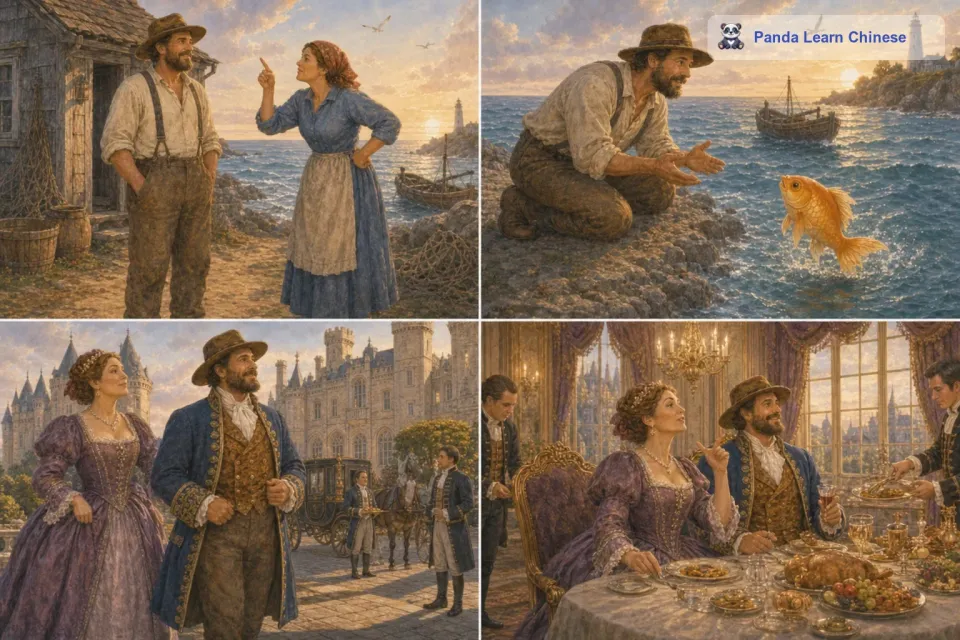 然而，渔夫的妻子越来越贪婪。她想要成为贵族，让所有人都听她的使唤。渔夫又一次来到海边，向金鱼说出了妻子的这个愿望。金鱼还是满足了他们，渔夫和他的妻子成为了贵族，住在豪华的城堡里，有很多仆人伺候着。