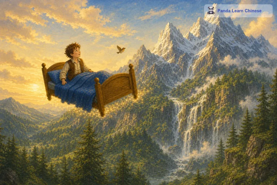 当他们飞到高山附近时，汤姆被眼前的景象震撼了。高山巍峨耸立，山顶上覆盖着皑皑白雪，而山腰处则是茂密的树林和奔腾的瀑布。