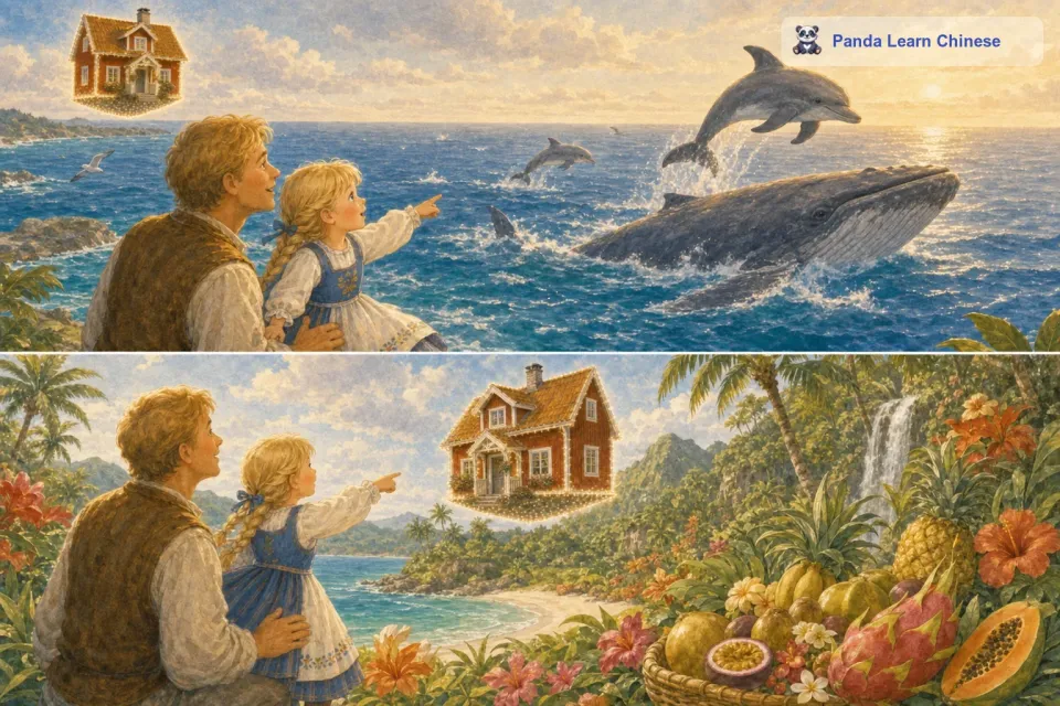 他们看到了巨大的鲸鱼在海里游来游去，海豚在海浪间跳跃。房子继续飞行，来到了一个充满热带风情的小岛上。小岛上有很多奇异的水果和美丽的花朵。
