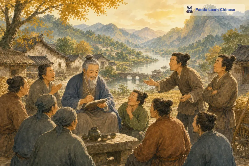 有的村民说，水井应该建在村子中间，这样大家取水都方便；有的说，要靠近河边，水源会更充足。智者听着大家的想法，不断地点头，还把这些想法都记了下来。