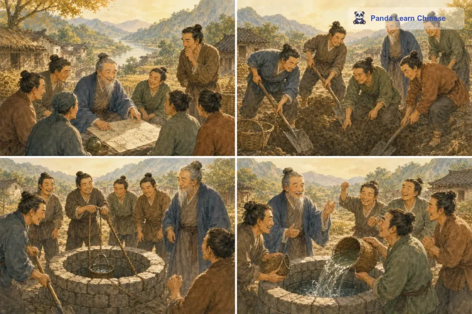 而智者这边呢，经过大家的讨论，综合了各种因素，选了一个非常合适的地方开始挖井。村民们齐心协力，没花多久就挖到了清甜的井水。