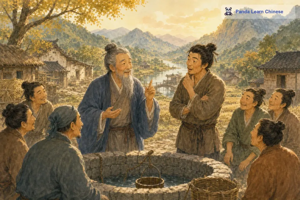 愚人看到智者这么快就挖到了水，很是惊讶。智者对愚人说：“一个人的想法总是有限的，大家一起想办法，就能考虑得更周全。愚人听了智者的话，觉得很有道理，他意识到自己以前太自以为是了。