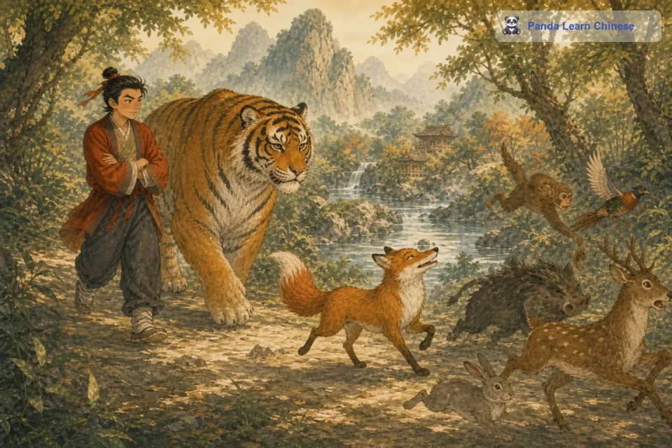 老虎听了，半信半疑地说：“我怎么相信你说的话呢？狐狸接着说：“您要是不信的话，就跟在我后面走一趟。您就会看到所有的动物看到我都会害怕得逃跑。老虎心想，这倒是个验证的好办法，就同意了。