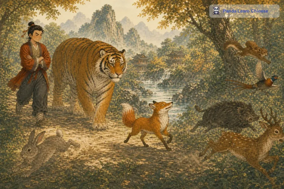 于是，狐狸大摇大摆地在前面走，老虎呢，就在狐狸后面跟着。森林里的小动物们看到狐狸后面跟着老虎，都吓得四处逃窜。兔子跑得比平时快了好几倍，小鹿也顾不上回头看，一头钻进了灌木丛里。