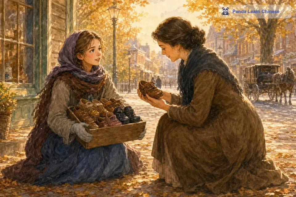 小姑娘对阿姨说：“阿姨，这鞋子质量很好的，是我和妈妈一起做的，您看看有没有合适您孩子穿的。阿姨蹲下身子，仔细地看了看鞋子，发现鞋子做得很精致。