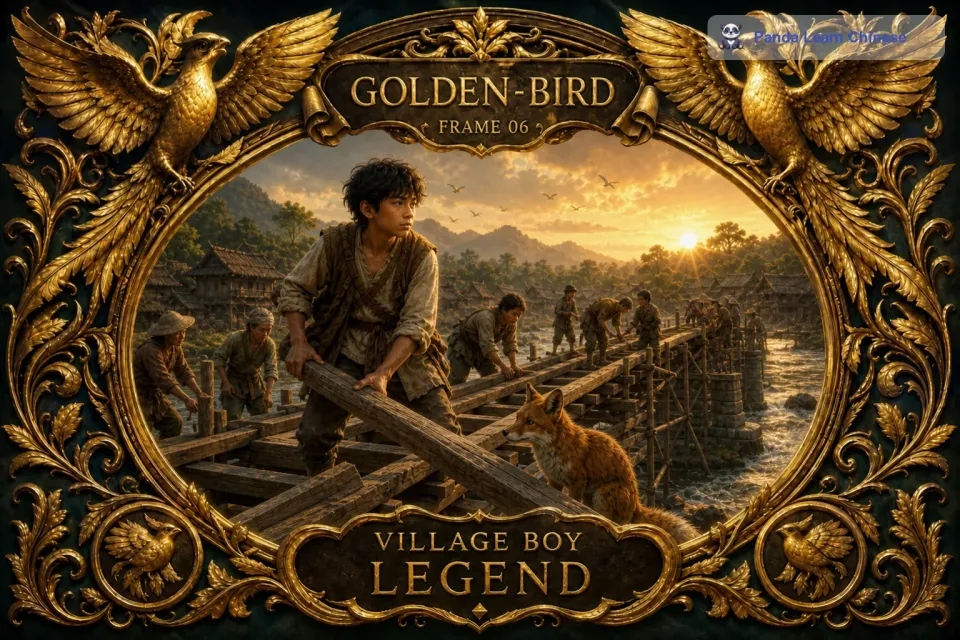 他在河边来回踱步，思考着该怎么办。小狐狸则在一旁静静地看着他，仿佛在给他鼓励。小男孩想起了自己寻找金色鸟的决心，他鼓起勇气，开始寻找可以过河的方法。他在河边发现了一些倒下的树木，可以把它们搭在河上，做成一座简易的桥。