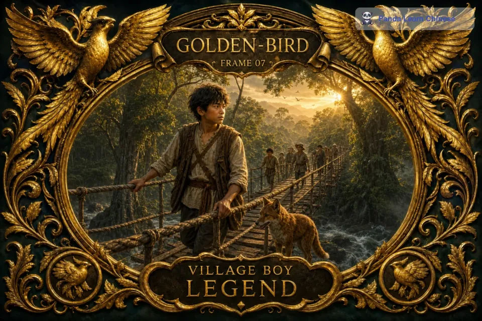 小男孩小心翼翼地走过自己搭的桥，小狐狸也轻巧地跟在他后面。过了河之后，他们继续向着森林的深处前进。小男孩的脚步变得更加坚定，他知道，每前进一步，就离金色鸟更近了一步。虽然路上还是会遇到一些困难，比如陡峭的山坡和茂密的荆棘丛，但小男孩都凭借着自己的勇气和智慧克服了。