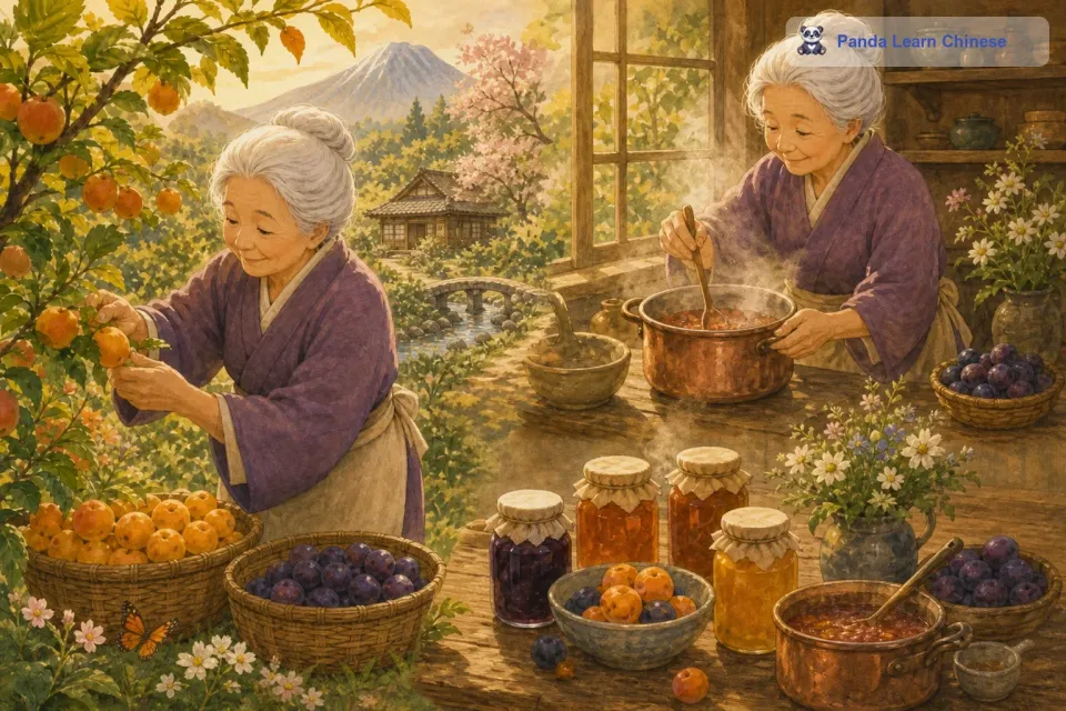 她会小心翼翼地摘下那些饱满多汁的水果，像对待珍宝一样把它们带回厨房。奶奶的厨房总是弥漫着香甜的气息，那是水果被熬煮时散发出来的诱人味道。