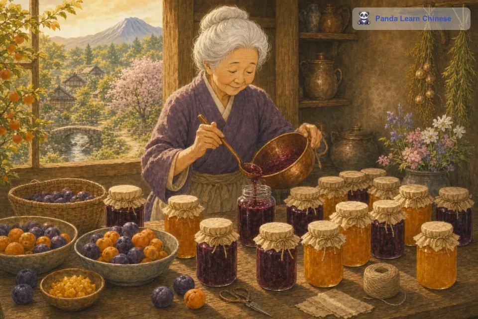 果酱做好后，奶奶会把它们装进一个个干净的小瓶子里。她把瓶子擦得亮晶晶的，然后小心地把果酱倒进去，再用漂亮的布把瓶口包起来。这些装满果酱的瓶子就像一个个小宝藏。