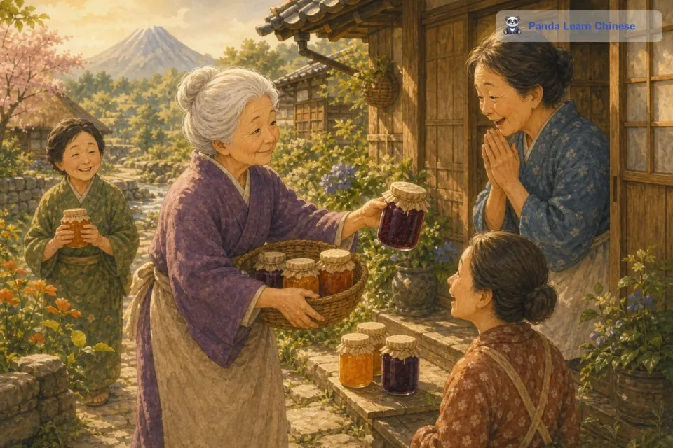 奶奶是一个非常善良和热心的人，她不会把这些美味的果酱独自享用。她会带着自己做的果酱，去拜访邻里。邻居们看到奶奶来，都非常高兴。