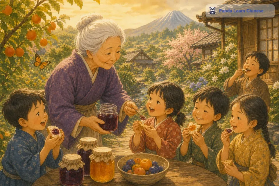 特别是那些小孩子，他们的眼睛里闪烁着兴奋的光芒。奶奶把果酱递给小孩子们的时候，孩子们会开心地说“谢谢奶奶”，然后迫不及待地打开瓶子尝一口，那香甜的味道在嘴里散开，孩子们的脸上都洋溢着幸福的笑容。