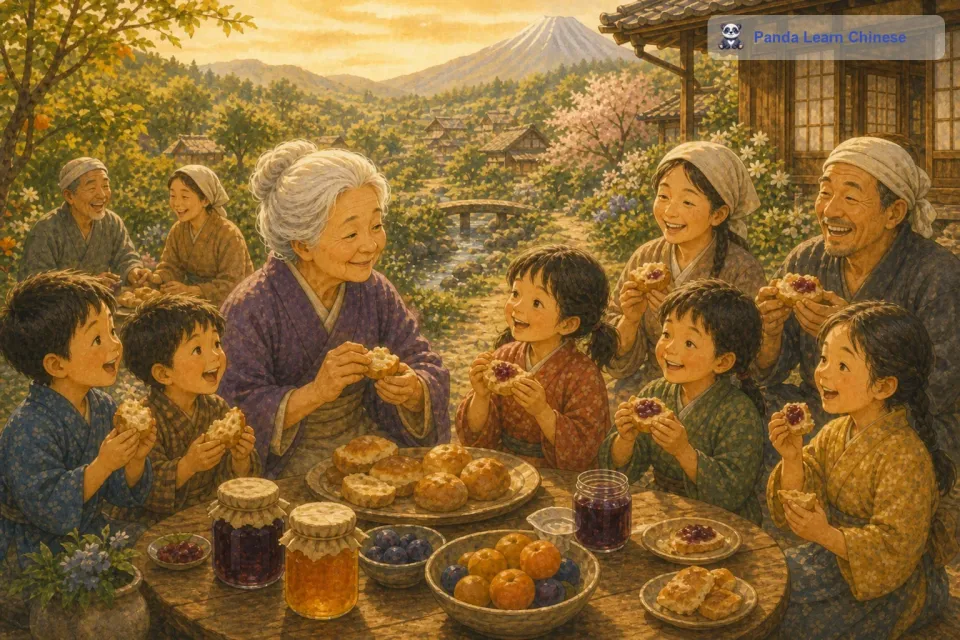有时候，邻居们会聚集在奶奶家。奶奶会拿出自己烤的面包，和大家一起分享果酱。大家围坐在一起，一边吃着果酱面包，一边聊天。屋子里充满了欢声笑语，这种温馨的氛围就像冬日里的暖阳，让人感到无比温暖。在这个小小的日本乡村里，奶奶的果酱就像一条纽带，把大家紧紧地联系在一起，让这个地方充满了浓浓的人情味。