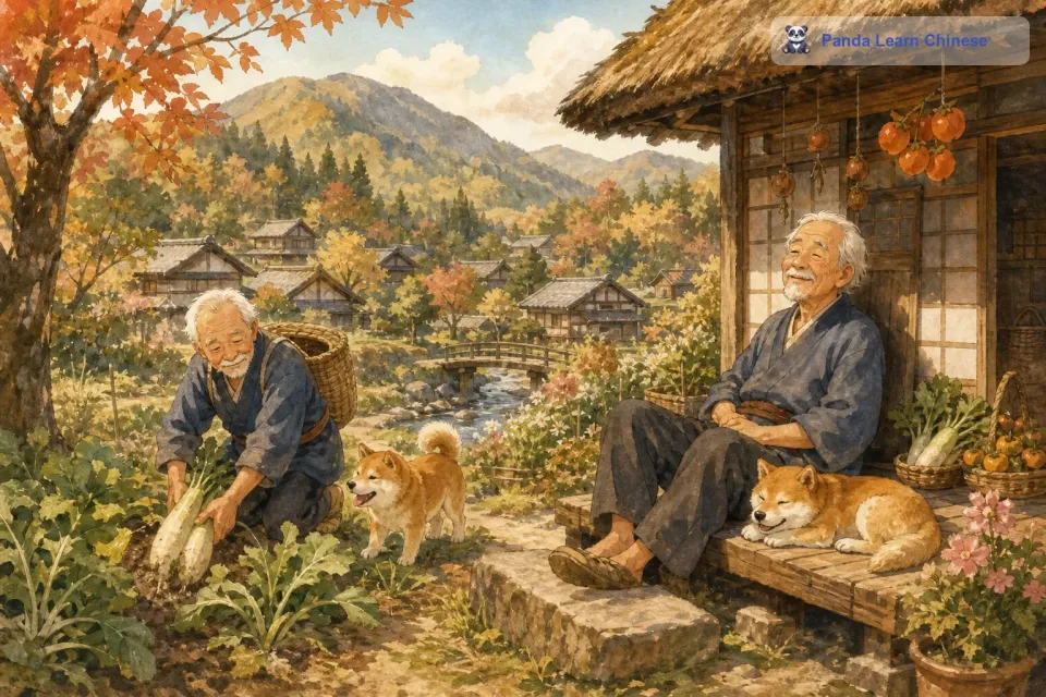 在一个宁静的日本小山村，住着一位名叫花咲爷爷的老人。花咲爷爷有一只非常可爱且忠诚的小狗，它总是陪伴在爷爷身边，无论是爷爷去田里劳作，还是在院子里晒太阳的时候。