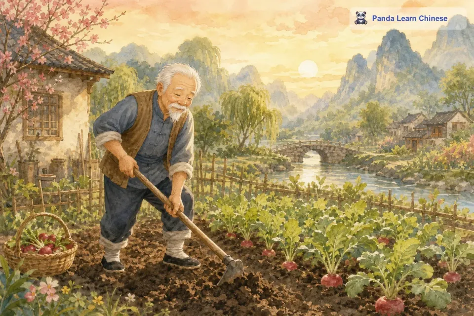 从前，在美国的一个小村庄里，住着一位勤劳的老爷爷。老爷爷有一块小小的菜地，他最喜欢在菜地里种萝卜了。春天的时候，老爷爷早早地就来到菜地里，拿着他的小锄头，把地翻得松松软软的。