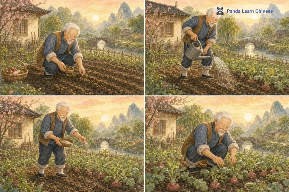然后，他小心翼翼地把萝卜种子一颗一颗地撒在土里，再轻轻地盖上一层土，就像给种子们盖上了温暖的被子。老爷爷每天都会来到菜地里，给萝卜种子浇水、施肥，盼着它们快快长大。