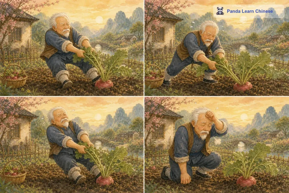 可是，他拔了一下，萝卜却纹丝不动。老爷爷又试了几次，还是拔不出来，他累得气喘吁吁。