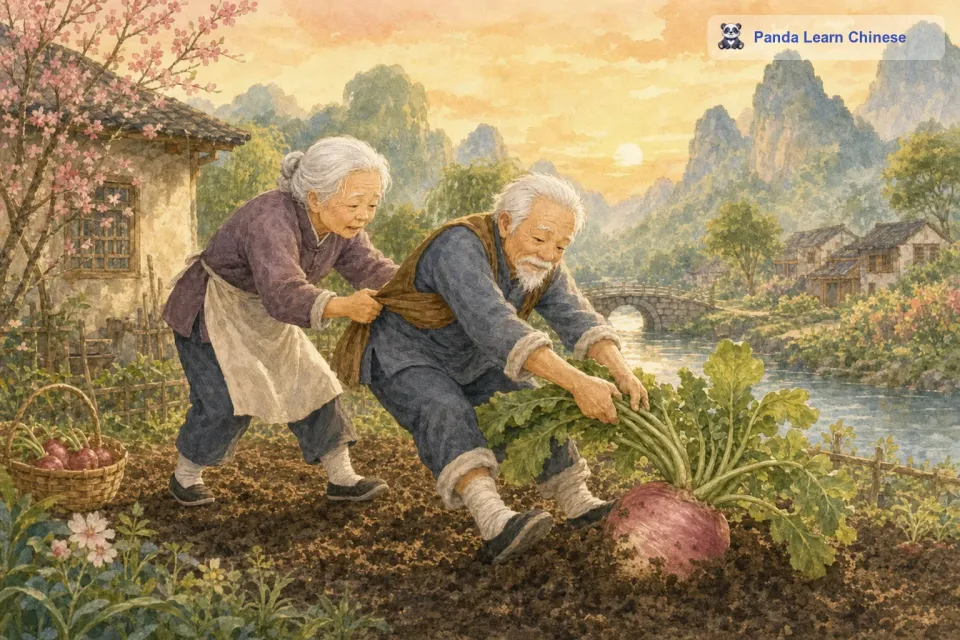 这时候，老奶奶从屋子里走了出来，看到老爷爷在费力地拔萝卜，就赶紧走过去帮忙。老奶奶拉住老爷爷的衣服，和老爷爷一起用力拔，可是萝卜还是一动不动。