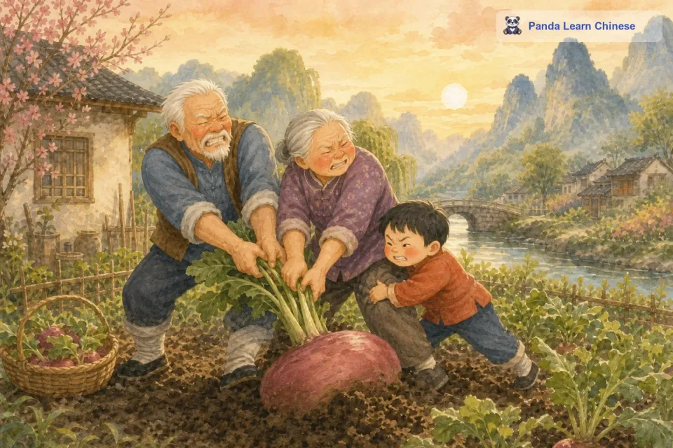 小孙子在屋子里看到爷爷奶奶在拔萝卜，也跑了出来。他跑到爷爷奶奶身边，抱住奶奶的腿，大声说：“我也要帮忙。于是，小孙子也加入了拔萝卜的队伍，三个人一起用力，脸都憋得红红的，可是萝卜就像在和他们开玩笑一样，还是不肯出来。