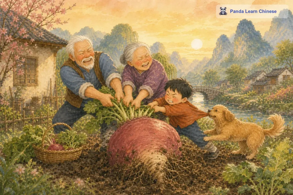 突然，家里的小狗看到大家在拔萝卜，也跑了过来。它咬住小孙子的衣服，像是在说：“我也来帮忙。于是，老爷爷、老奶奶、小孙子和小狗一起用力，“嘿哟，嘿哟”，终于，萝卜被拔了出来。