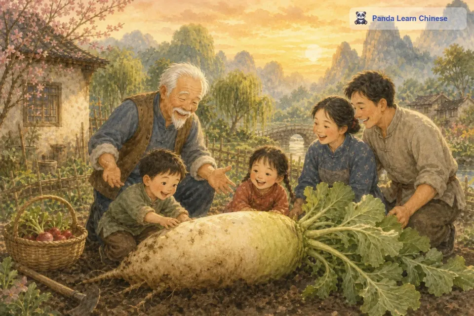 全家看着拔出来的大萝卜，都开心地笑了。这个大萝卜足够他们吃好几顿呢。老爷爷高兴地说：“这都是大家齐心协力的结果啊。从那以后，这个故事就在小村庄里传开了，大家都知道了全家齐心协力拔萝卜的故事。