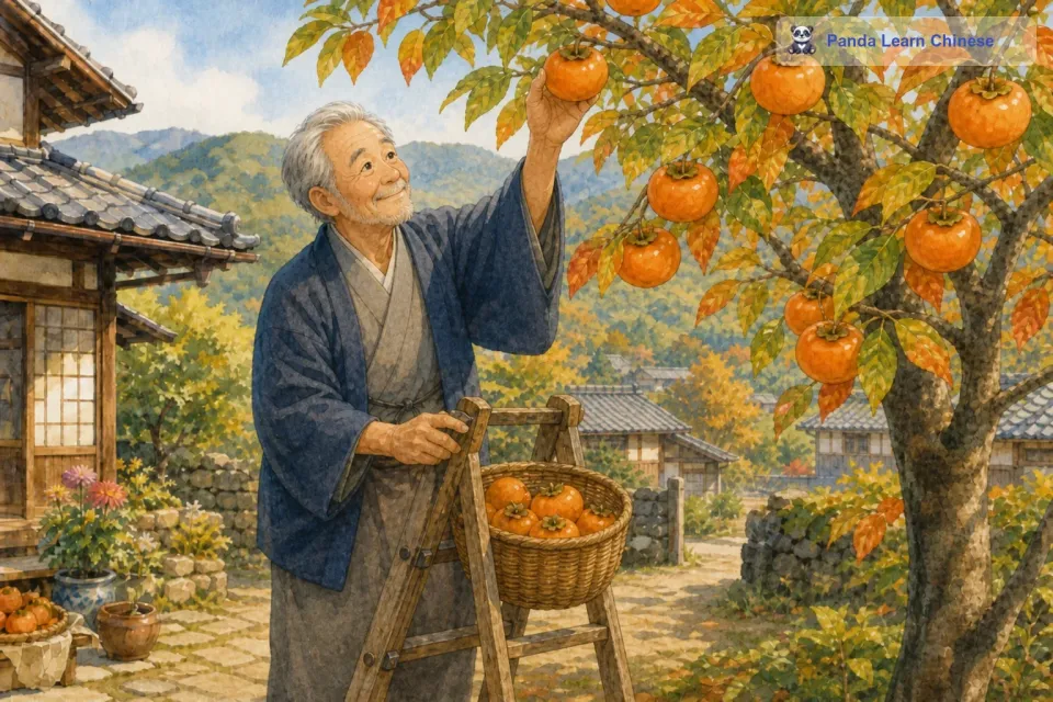 秋天到了，柿子树上挂满了沉甸甸的果实。那些柿子就像一盏盏小灯笼，红彤彤的，特别诱人。老人脸上洋溢着幸福的笑容，他搬来一个小梯子，慢慢地爬上梯子去采摘柿子。