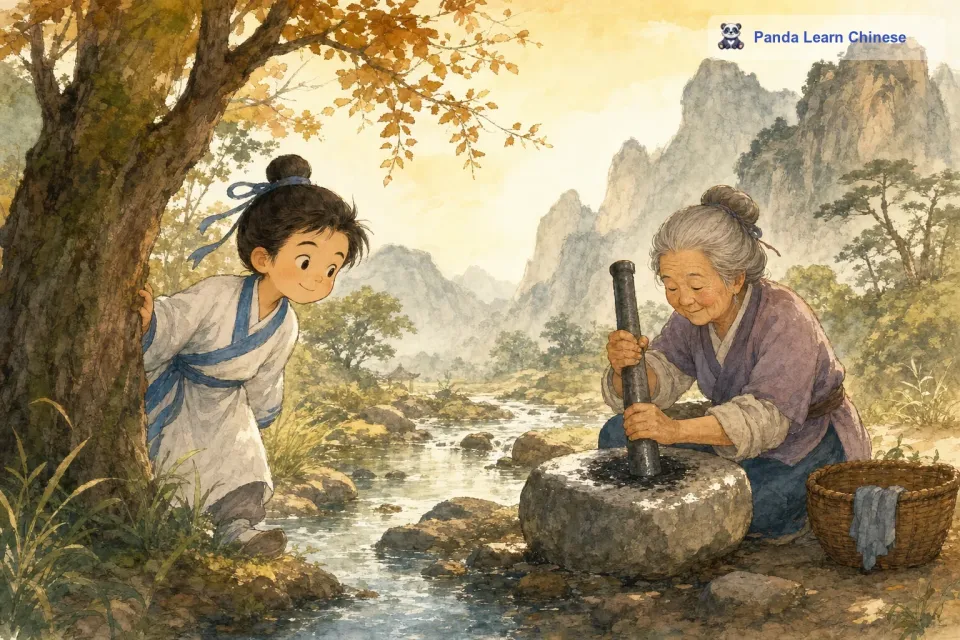 有一天，李白像往常一样，又从学堂里偷偷跑了出来。他跑到了一条小溪边玩耍，看见溪边有一位老妇人。这位老妇人正拿着一根很粗的铁杵，在一块大石头上用力地磨着。