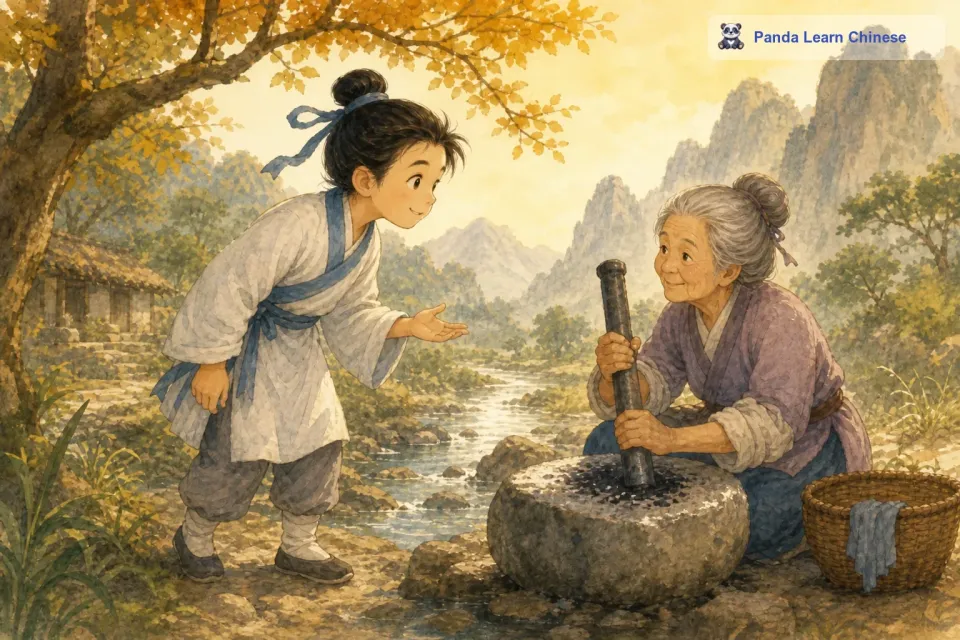 李白感到非常好奇，他不明白老妇人为什么要磨这么粗的铁杵。于是他就走上前去，礼貌地问老妇人：“婆婆，您在做什么呀？