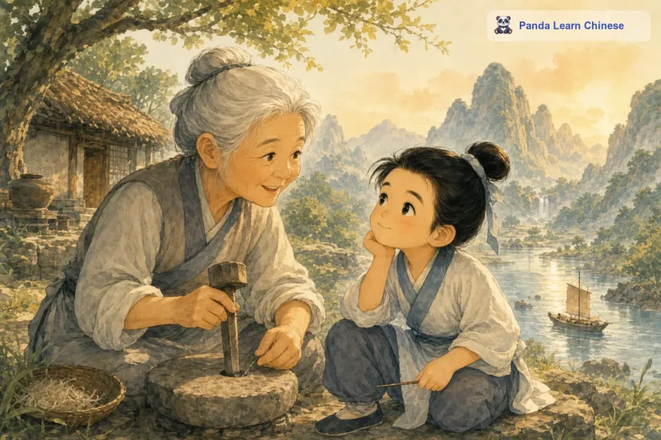这根铁杵这么粗，您要把它磨成什么呢？老妇人抬起头，看了看李白，然后笑着回答说：“我要把这根铁杵磨成一根针呀。