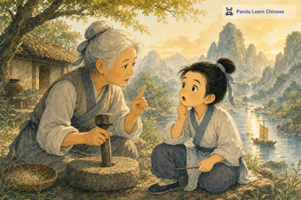 李白听了之后，觉得非常惊讶。他瞪大了眼睛说：“婆婆，这根铁杵这么粗，什么时候才能磨成针呢？这简直是不可能的事情呀。老妇人停下手中的动作，认真地对李白说：“孩子，只要我有足够的耐心，一直坚持磨下去，铁杵总会有一天会被磨成针的。