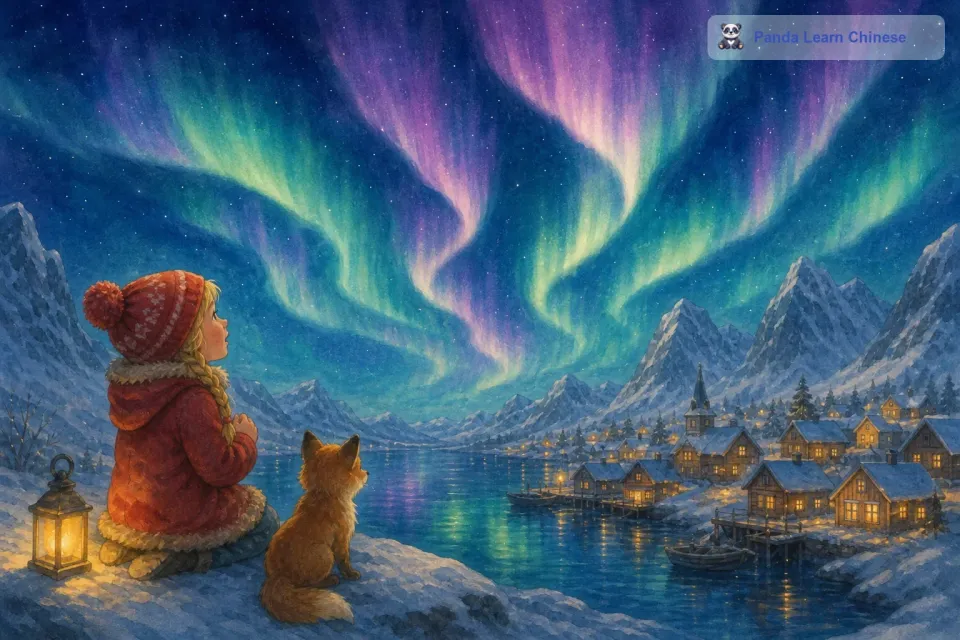有一个小女孩，她住在挪威的一个小村庄里。这个村庄靠近北极圈，每到夜晚，天空中常常会出现绚丽的北极光。小女孩对北极光充满了好奇与向往，她总是在夜晚抬头仰望天空，希望能离那美丽的光芒更近一点。