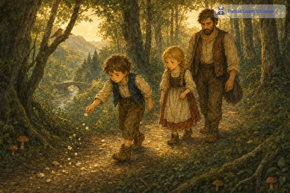 继母看到他们回来，非常生气，又想出了一个更坏的主意。过了几天，她又让父亲把兄妹俩带到森林更深处去。这次，汉塞尔没有机会捡小石子，他只能掰下一些面包屑，沿途撒下，希望可以像上次一样找到回家的路。